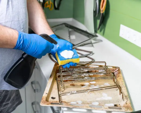 Person mit blauen Handschuhen sprüht Reinigungsmittel auf einen Schwamm, um ein schmutziges Backblech zu reinigen.