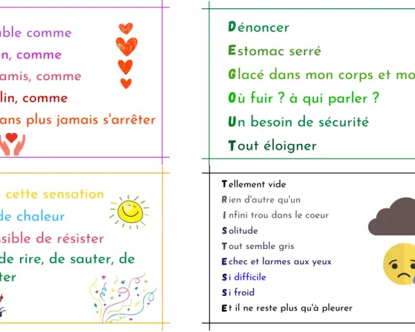 Acrostiche le jeu : quatre poèmes sur les émotions, de la joie à la tristesse, avec des illustrations.