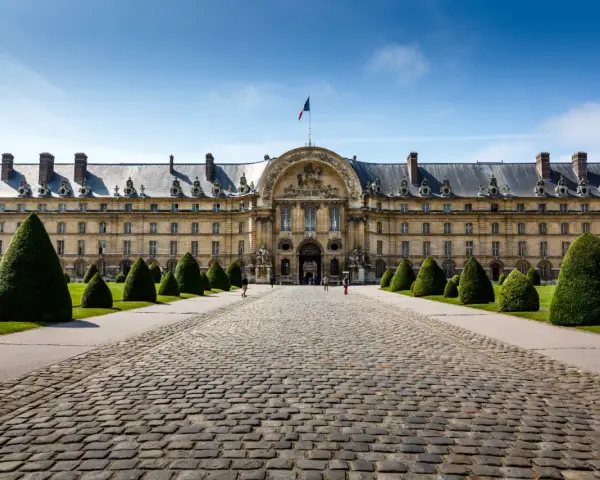 El majestuoso edificio de Les Invalides, donde se encuentra la tumba de Napoleón, con su fachada dorada y jardines cuidados.