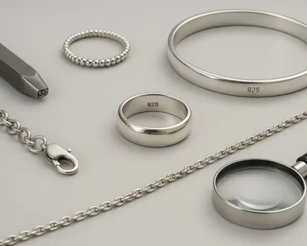 Gioielli in argento 925: anelli, bracciale, catena e punzone. La qualità è visibile anche con una lente d'ingrandimento.