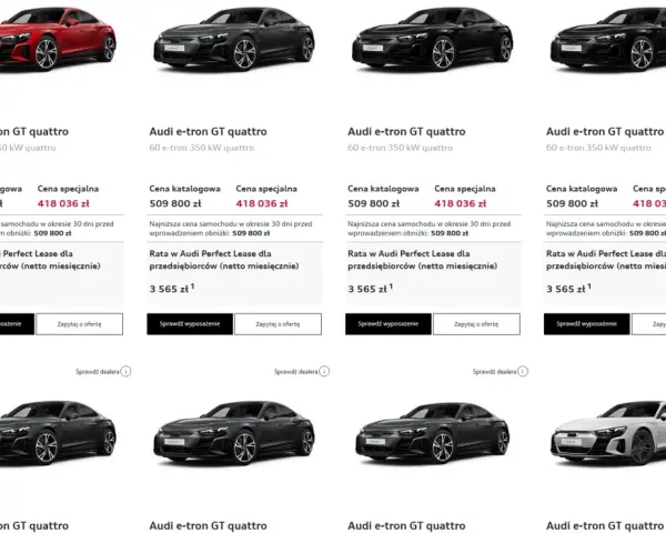 Audi e-tron GT quattro w kolorach: czerwonym, czarnym i białym. Oferty leasingowe dla firm.
