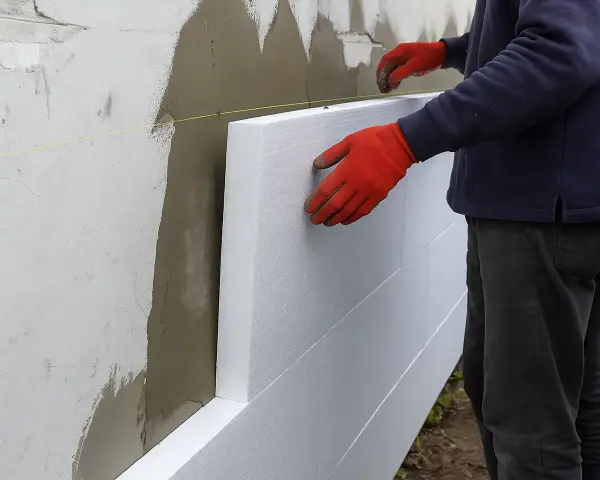 Pracownik w czerwonych rękawicach montuje styropian na ścianie. Dowiedz się, ile kosztuje elewacja domu.
