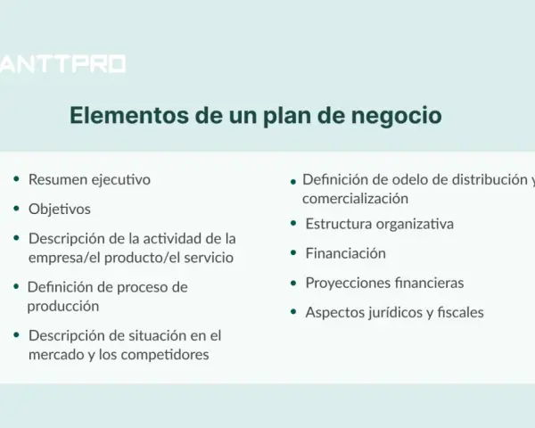 Elementos clave de un plan de negocio: resumen ejecutivo, objetivos, descripción de la actividad, proceso de producción, mercado, distribución, estructura, financiación, proyecciones y aspectos legales.