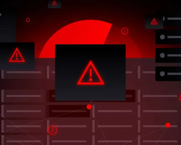 A dark, abstract interface with multiple red warning signs and notification icons, illustrating the concept of false positive security alerts.