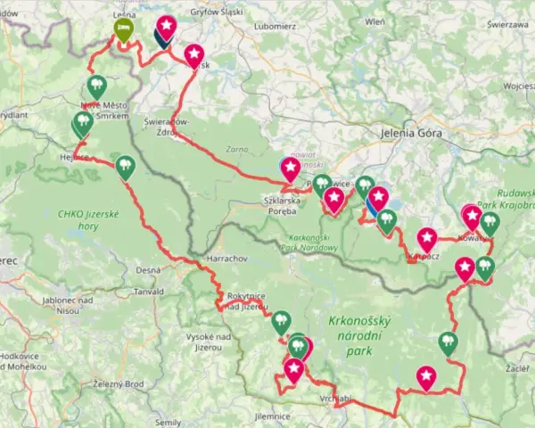 Trasa rowerowa przez Sudety i Karkonosze, z zaznaczonymi punktami w parkach narodowych i krajobrazowych.