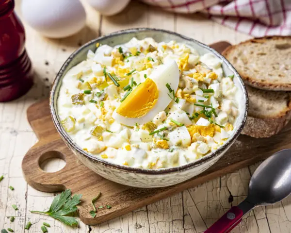 Cremiger Eiersalat mit Gurken und Kräutern, garniert mit einem Ei-Viertel. Ein köstliches eiersalat rezept für jede Gelegenheit.