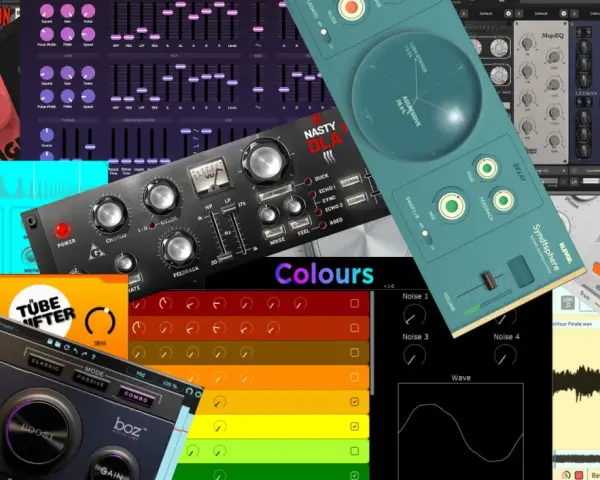 Kollektion von **free VSTs** mit bunten Benutzeroberflächen, von Verzerrern bis zu Synthesizern.