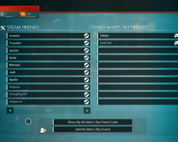 Interfejs gry No Man's Sky z listą znajomych Steam i No Man's Sky, pokazujący możliwości crossplay.