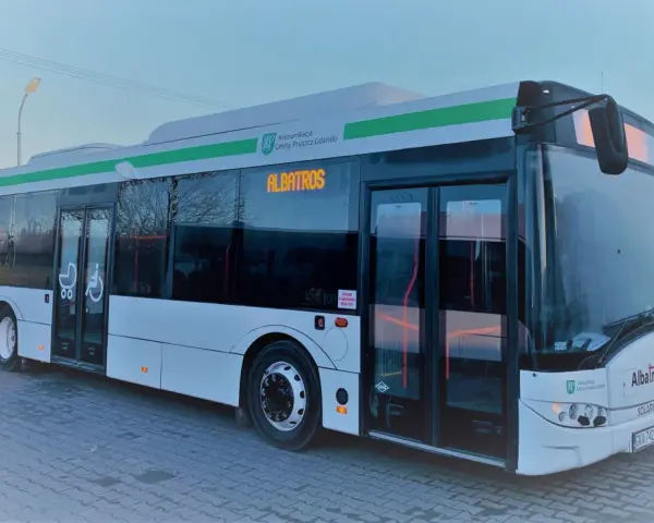 Autobusy Albatros stojące w rzędzie. Na wyświetlaczu widnieje napis "ALBATROS".
