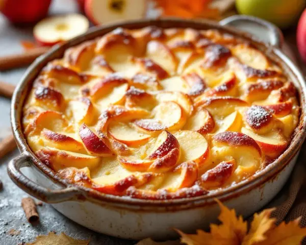 Un délicieux flan aux pommes, doré et saupoudré de sucre glace, prêt à être dégusté. Des pommes fraîches et des bâtons de cannelle l'entourent.