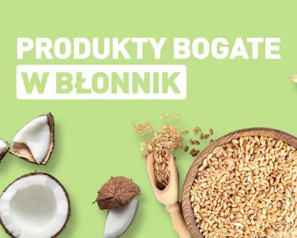 Produkty bogate w błonnik: kokosy i ziarna pszenicy.