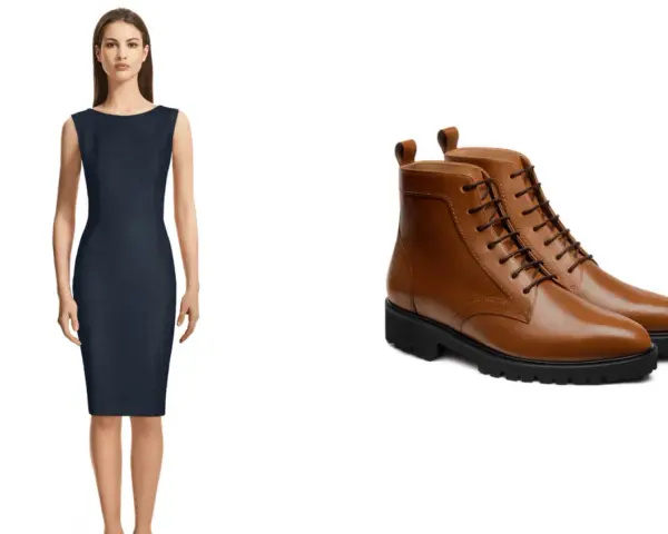 Mujer con vestido azul marino y un par de botas cortas de cuero marrón. Un look casual con vestidos y botas cortas.