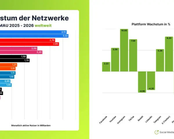 Balkendiagramme zeigen Nutzerzahlen von sozialen Netzwerken und deren Wachstum in Prozent.