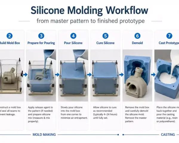 Workflow for how to make a silicon mold: Master pattern, build box, pour silicone, cure, demold, cast prototype, and finish.