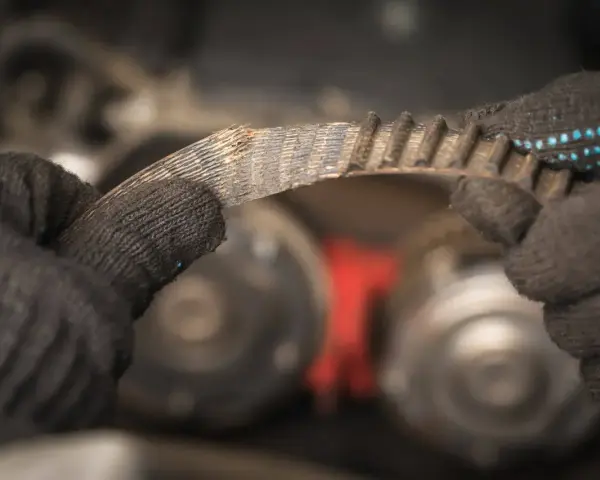Zużyty, piszczący pasek napędowy w rękach mechanika. Widać postrzępione krawędzie i zużyte zęby, co sugeruje potrzebę wymiany.