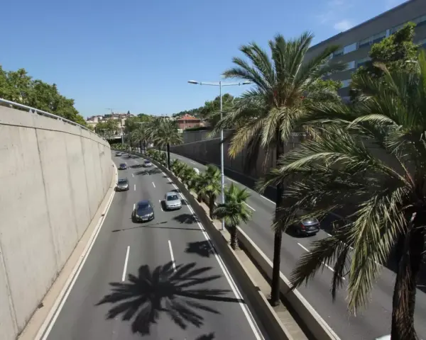 Droga dojazdowa do barcelona lotnisko z palmami i samochodami.