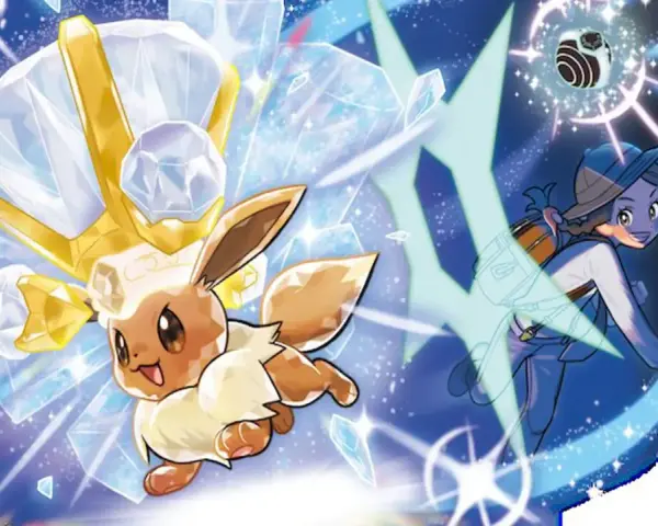 Eevee con corona de diamantes y oro, listo para cambiar teratipo pokemon. Una entrenadora sonríe, rodeada de energía azul y cristales.