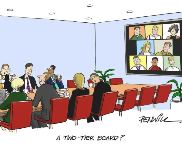 Cartoon of an executive board meeting with some members in person and others on a video call, humorously questioning the setup.