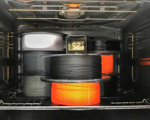 Szpule filamentu do druku 3D, materiał higroskopijny, suszone w piekarniku. Termometr pokazuje 52.8°C.