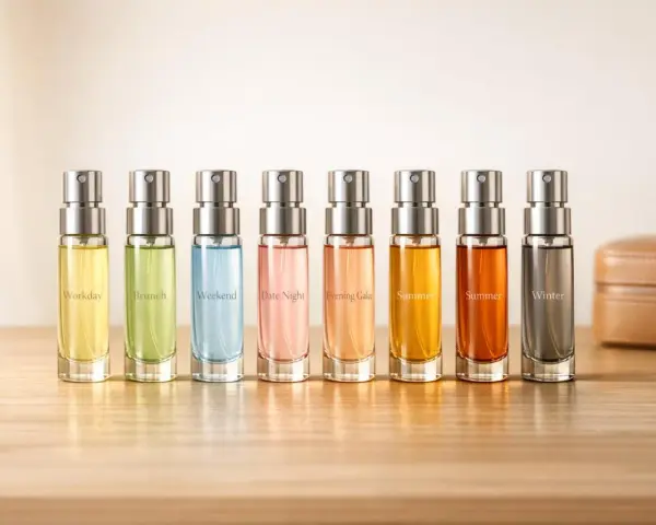 Kolekcja **christopher dark perfumy** w małych buteleczkach: Workday, Brunch, Weekend, Date Night, Evening Gala, Summer, Winter.