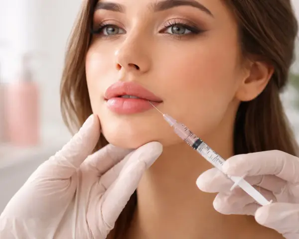 Primo piano di una donna che riceve un filler labbra. Si discute dei possibili lip plumper effetti collaterali.