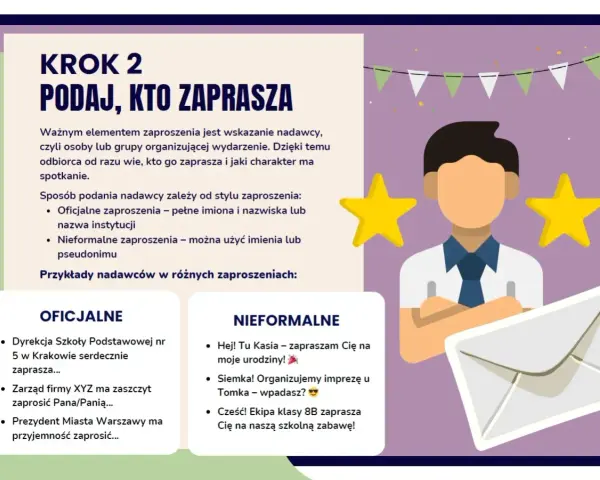 Jak się pisze zaproszenie? Krok 2: podaj, kto zaprasza. Oficjalne i nieformalne przykłady nadawców.
