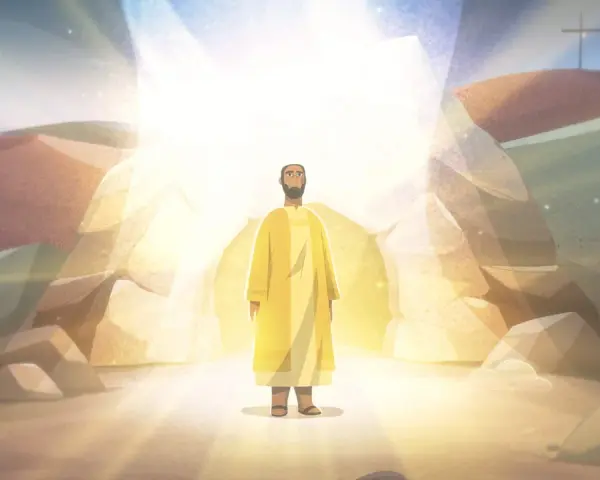 A man in a yellow robe stands in a bright, rocky cave, bathed in divine light. This scene evokes the 7th Sunday of Easter, a time of resurrection and hope.