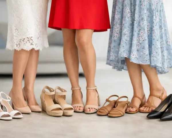 Tres mujeres con vestidos (blanco, rojo, floral) eligen zapatos. Ideas para como combinar zapatos con vestidos.