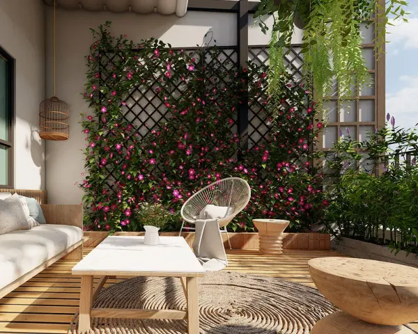 Un terrazzo fiorito con rampicanti rosa su una grata, un divano bianco, tavolino e seduta in rattan. Un'idea per come abbellire una parete con la natura.