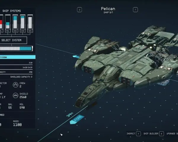 Una nave "Pelican" de Starfield, con detalles de sus sistemas y estadísticas.