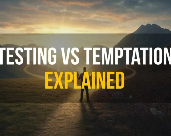 A lone figure stands on a path in a mountainous landscape at sunset, with text overlay: "TESTING VS TEMPTATION EXPLAINED." Does God test us?
