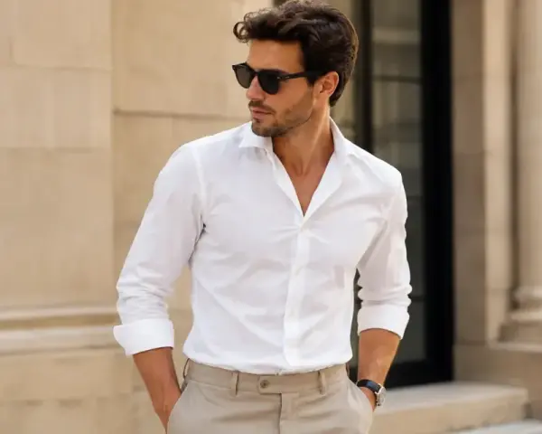 Hombre con gafas de sol y un elegante outfit de camisa blanca y pantalones beige, posando con confianza.