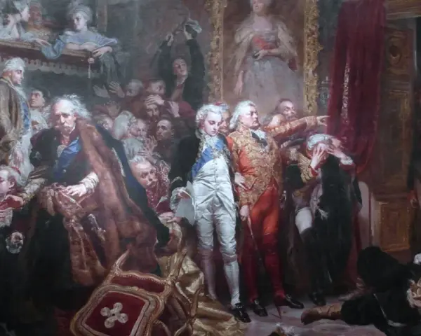 Tadeusz z obrazu Matejki, leżący na ziemi, z uniesioną głową i ręką na piersi, w otoczeniu innych postaci.
