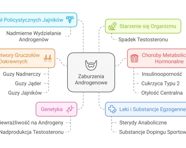 Mapa przyczyn zaburzeń androgenowych: PCOS, nowotwory, starzenie, choroby metaboliczne, genetyka, leki.
