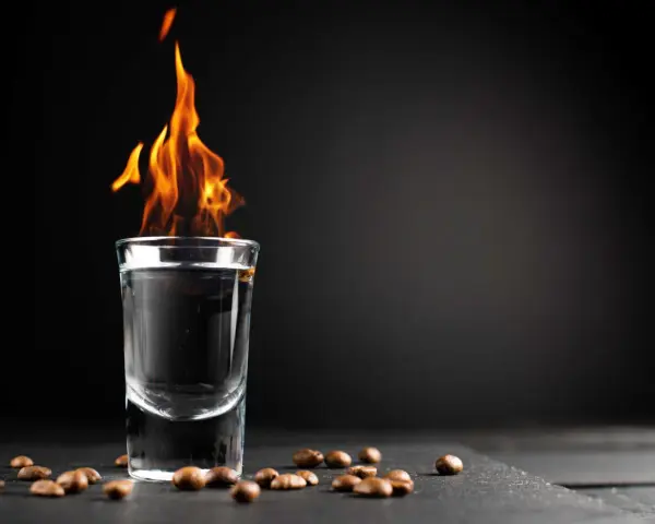 Ein Schnapsglas mit brennendem Sambuca und Kaffeebohnen. Die Flammen tanzen, ein Spektakel, das erklärt, warum brennt Sambuca.