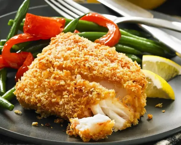 Chrupiący filet rybny w japońskiej panierce, podany z fasolką szparagową, papryką i cytryną.