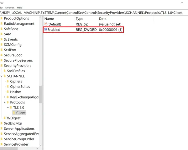 Registry Editor shows the "Enabled" DWORD value set to 1 under TLS 1.0\Client, indicating that TLS 1.2 is enabled.