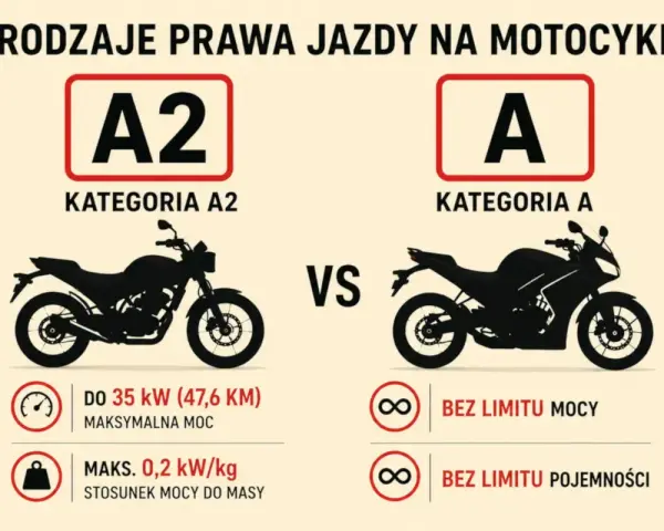 Porównanie kategorii prawa jazdy na motocykl: A2 (do 35 kW) vs A (bez limitu).