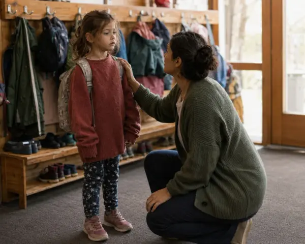Ein Elternteil tröstet ein Kind, das mit Rucksack und Jacke bereitsteht. Die Kinder Trennung Eltern ist ein emotionaler Moment.