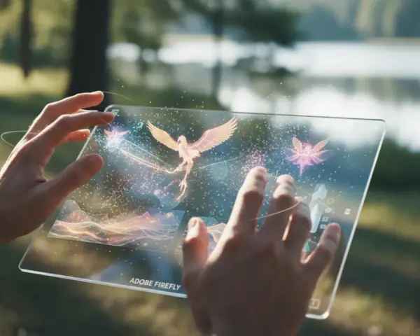 Ręce trzymają przezroczysty tablet, na którym **Adobe Firefly** tworzy magiczne, świetliste stworzenia, jak ptak i ważki, na tle natury.