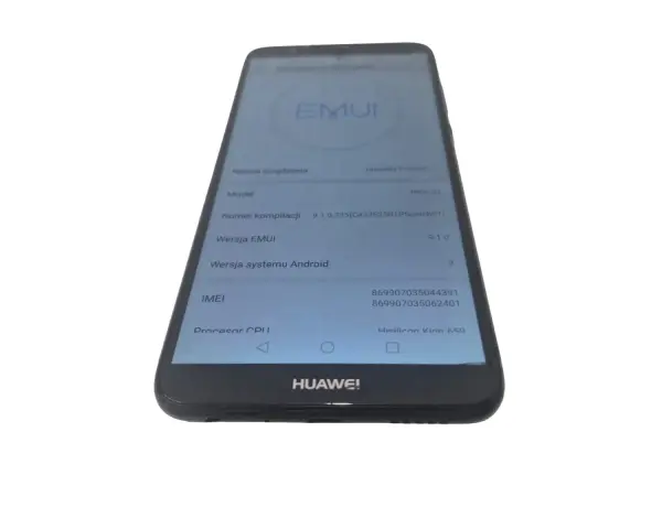 Telefon Huawei P smart FIG-LX1 z widocznym ekranem i informacjami o systemie EMUI.