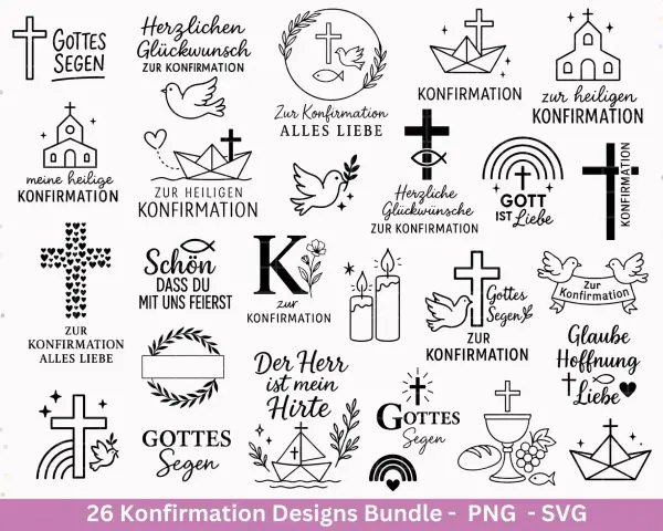 Viele evangelische Symbole für die Konfirmation: Kreuze, Tauben, Kirchen, Schiffe, Kerzen, Regenbogen, Kelch, Brot, Trauben.