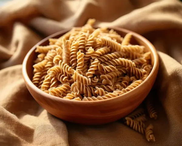 Misternie skręcone fusilli z kukurydzy w drewnianej misce. Makaron bezglutenowy kukurydziany kontra ryżowy – wybór dla zdrowia.