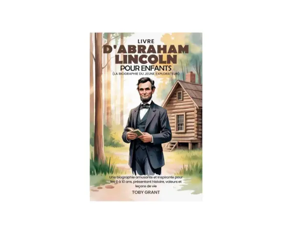 Livre pour enfants sur l'origine d'Abraham Lincoln, le montrant jeune devant une cabane en bois.