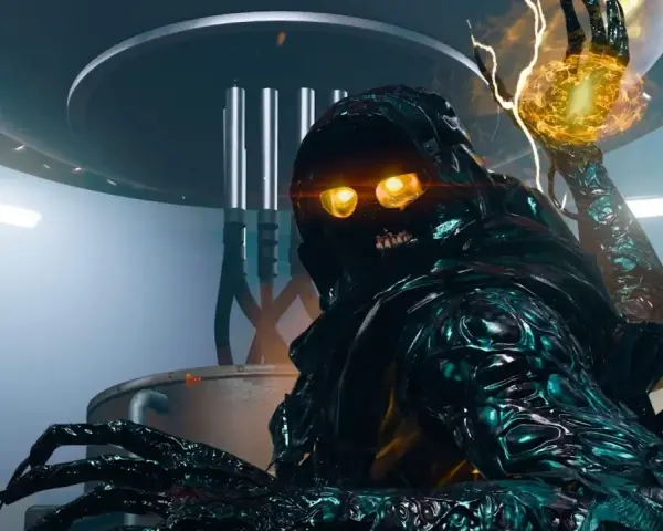 Criatura oscura con ojos brillantes, garras afiladas y energía en su mano, lista para la acción en Black Ops 6.