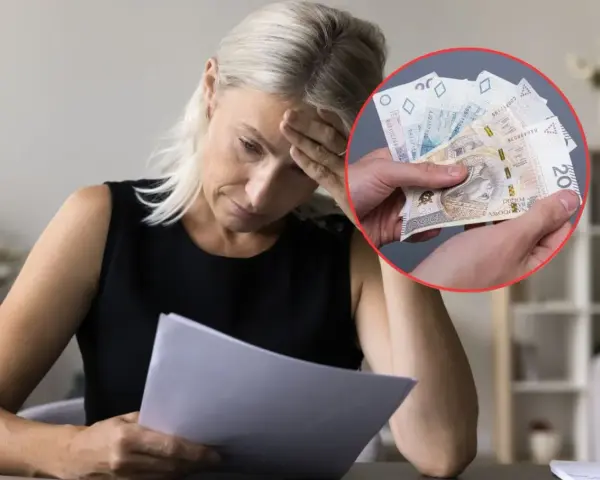 Zmartwiona kobieta z dokumentami i ręką trzymającą pieniądze, sugerujące problemy z przestępstwami podatkowymi.