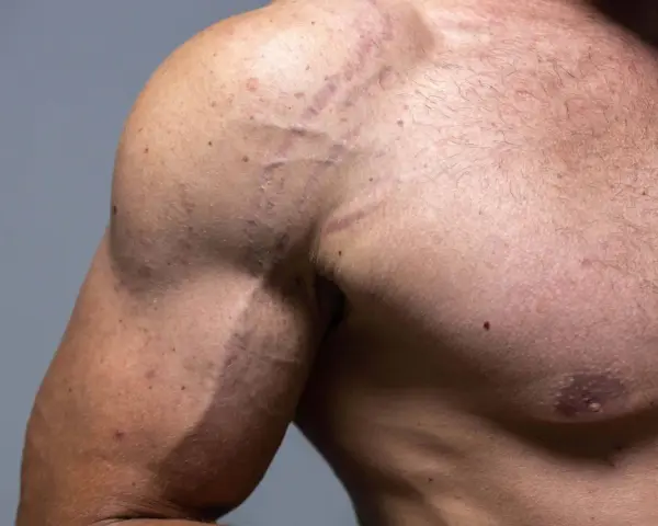 Widoczne rozstępy na bicepsie i ramieniu mężczyzny, świadectwo intensywnego treningu lub zmian wagi.