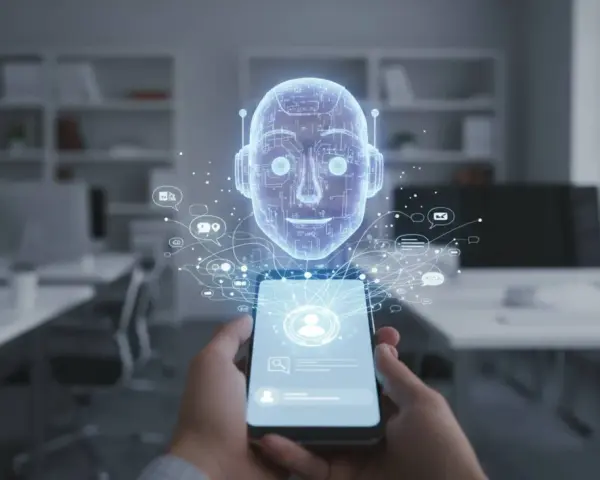 Dłoń trzyma smartfon, z którego wyłania się holograficzna głowa robota. To zaawansowany chatbot, otoczony ikonami komunikacji, gotowy do rozmowy.