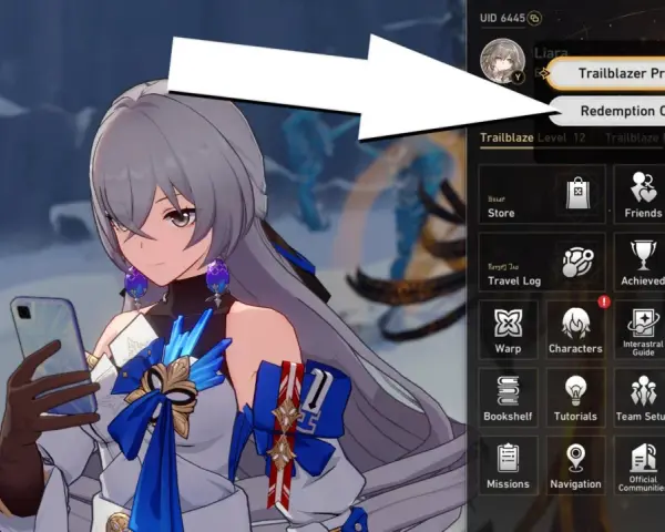Interfaz de Honkai Star Rail con opción "Redemption Code" para canjear códigos.