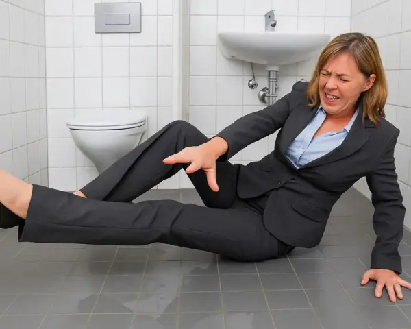 Frau im Anzug stürzt in der Toilette, ein typischer Arbeitsunfall. Sie hält sich den Arm und hat Schmerzen.